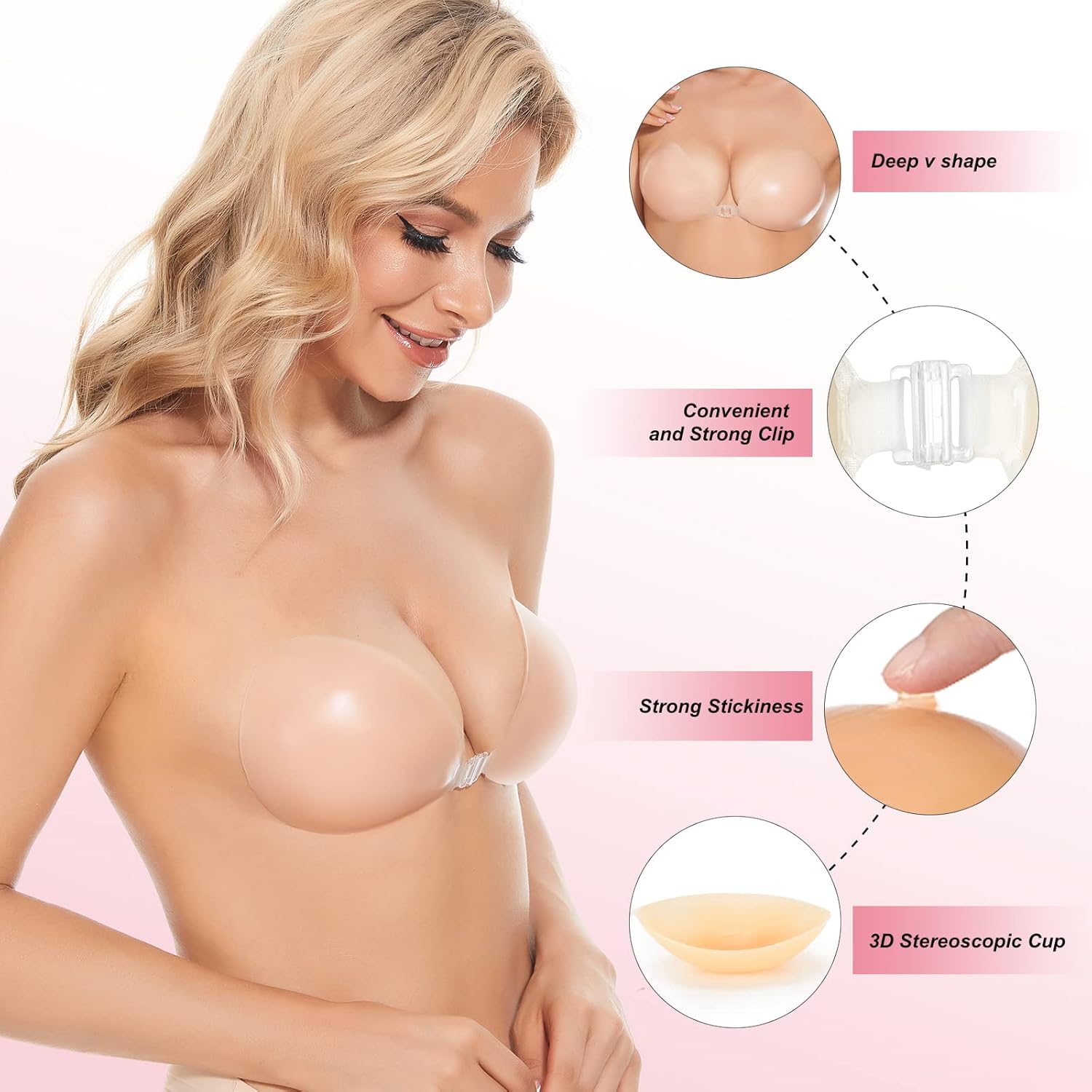 Strapless Bra Adhesive - 粘着ブラ プッシュアップ 粘着式ブラジャー シリコン製ストラップレスブラ 女性用 ニップルカバー付き