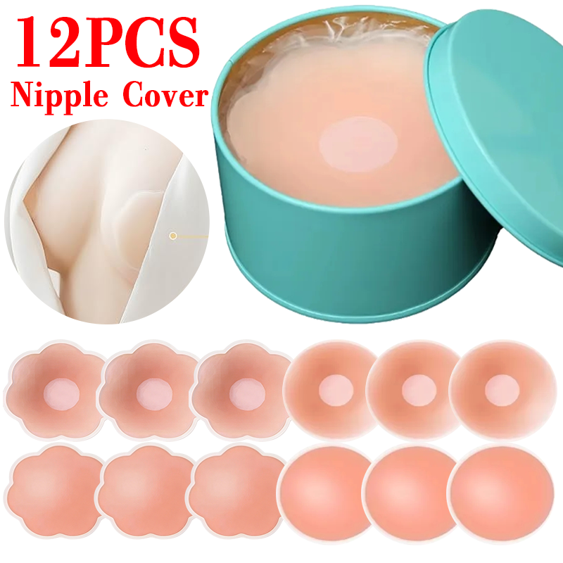 Strapless Bra Adhesive - 6/12個入り 目に見えない粘着式チェストパッド 再利用可能なステッカー バストペタル ストラップレスリフトアップブラパッド シリコンペタルニップルカバー
